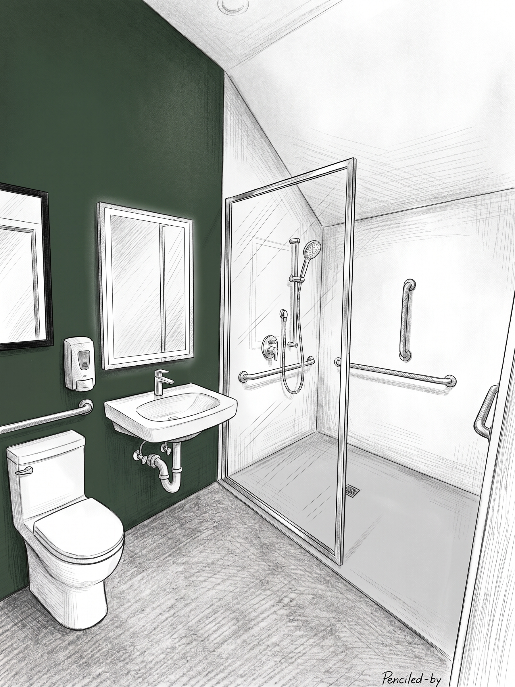 Bright bathroom with toilet, sink, mirror, and glass-enclosed shower on tiled floor.