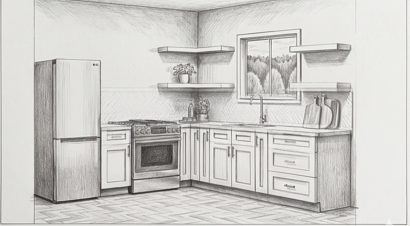 Pencil sketch of a kitchen with a refrigerator, stove, cabinets, shelves, and a window above the sink