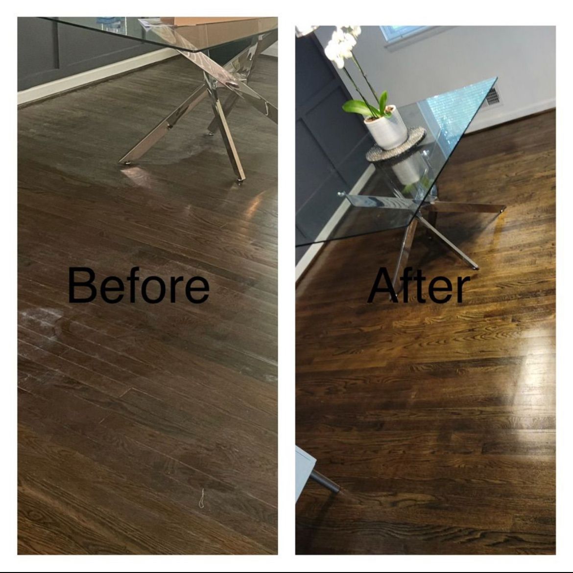Before and after photos of a dark hardwood floor, showing a restored, glossy finish.
