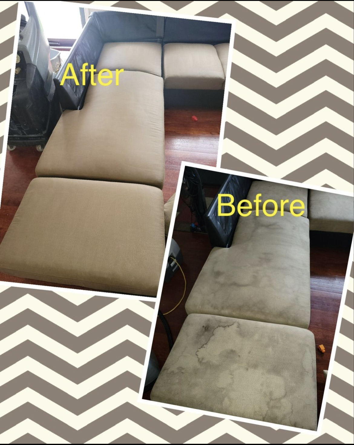 Before-and-after of a beige sectional sofa. The