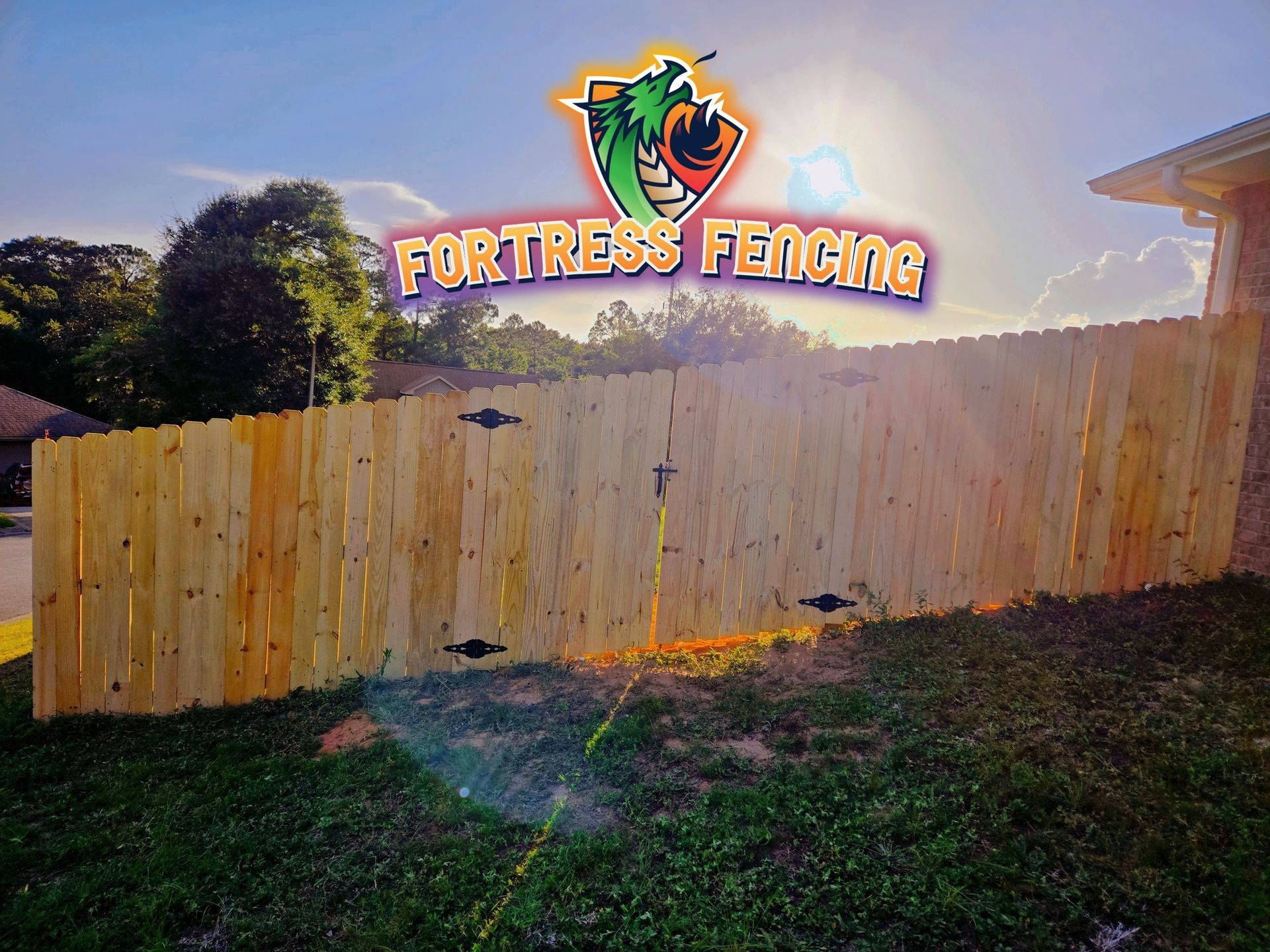 Wooden fence with company logo overlayed against a sunny sky.