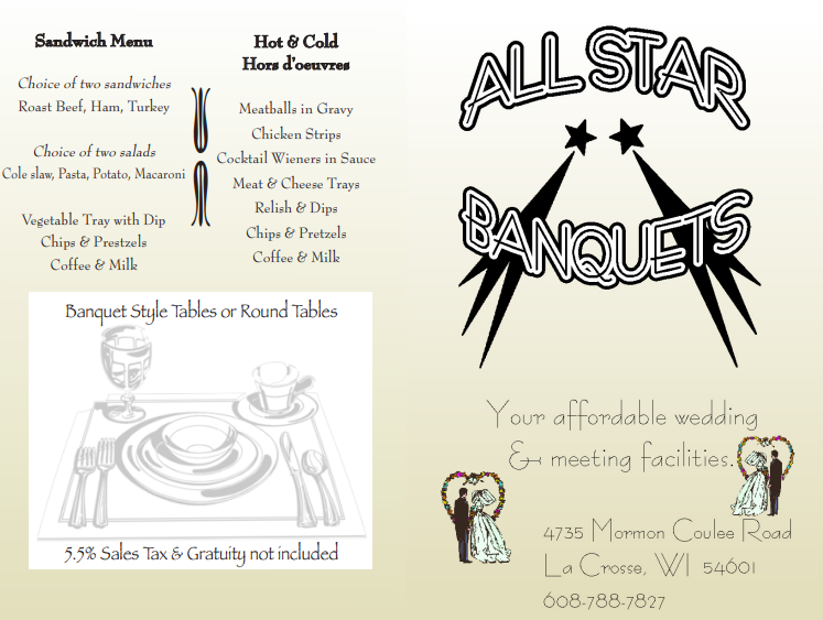 Sandwich And Hors d'oeuvre Menu — La Crosse, WI — All Star Lanes & Banquets