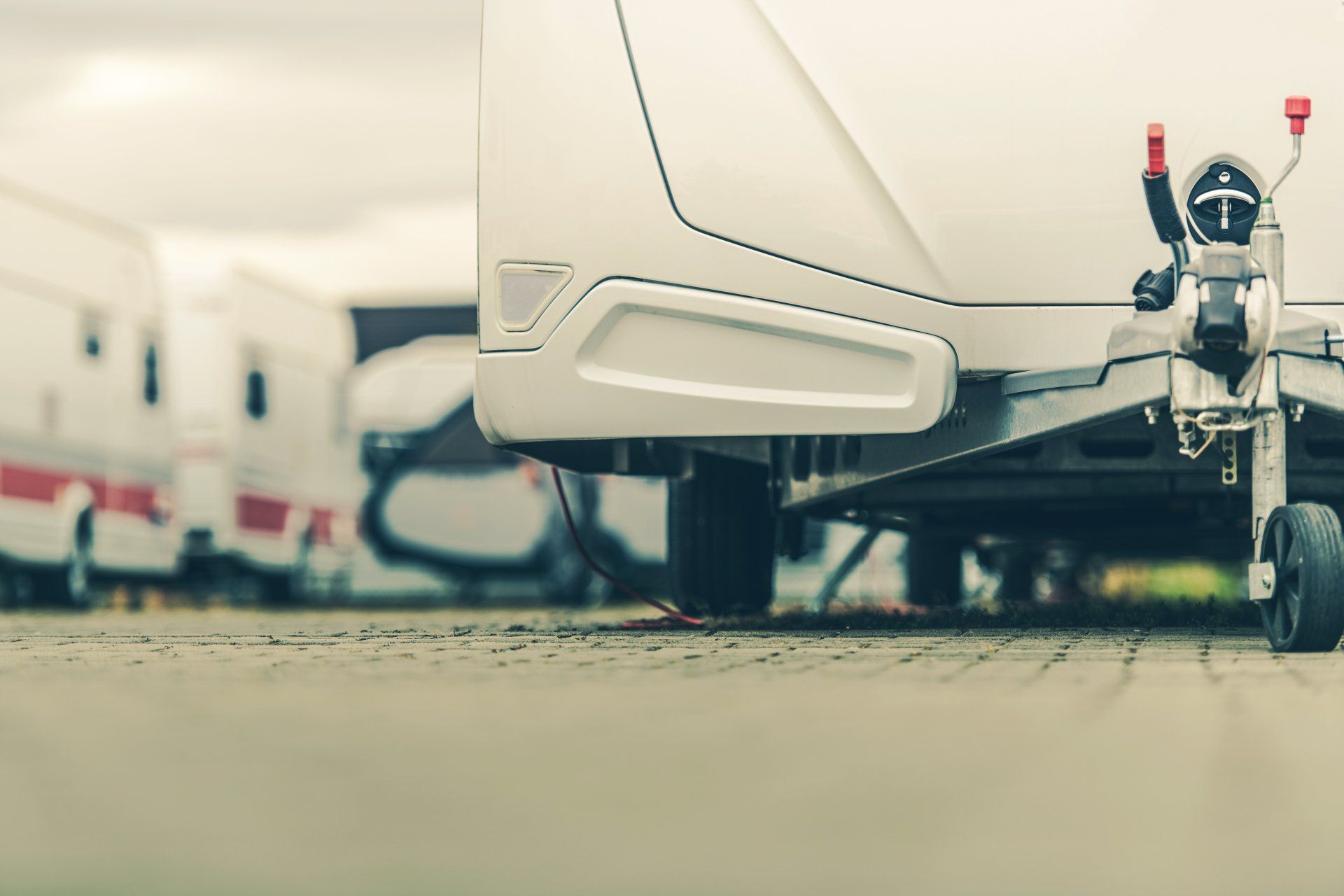 A low shot of a caravan in a caravan sale yard