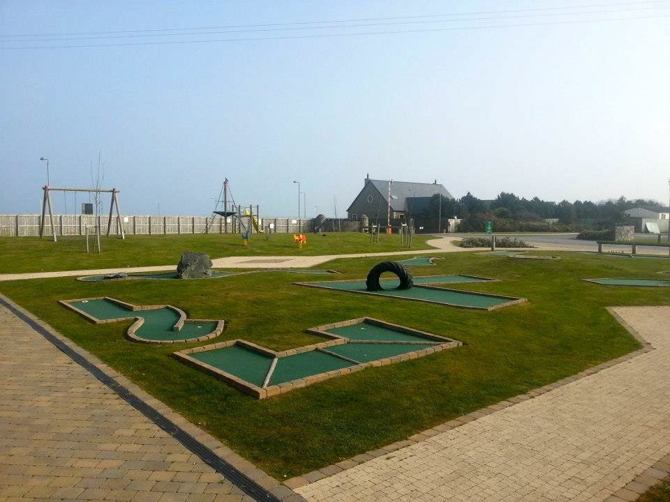 A golf course with a tire in the middle of it