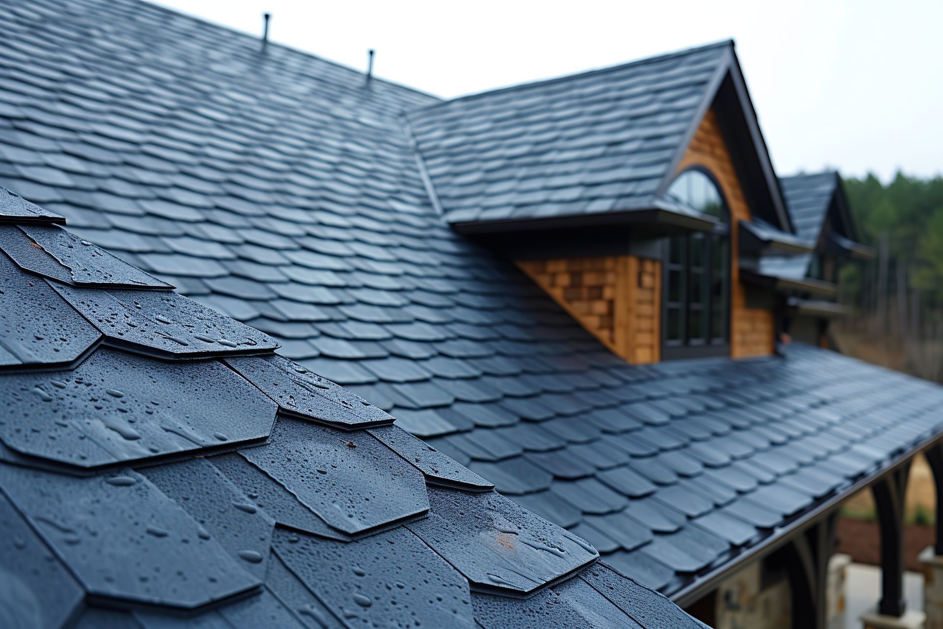 Une maison avec un toit noir et une fenêtre