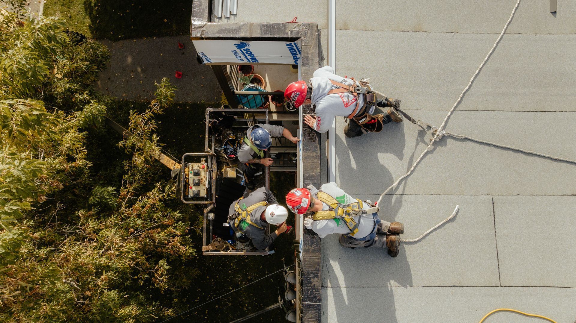 Couvreurs travaillant sur le bord d'un bâtiment, sécurisés par des cordes. Ils portent un casque et un harnais de sécurité.