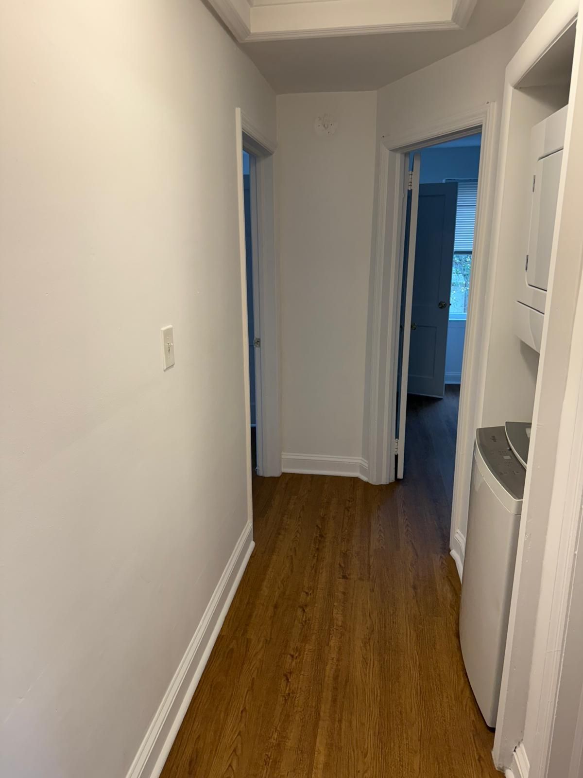 Well-lit apartment hallway with multiple doors and ceiling light