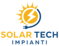 Logo per Solar Tech Impianti: sole giallo con fulmine e spina blu, con il nome in giallo e blu.