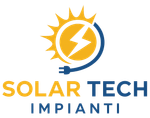 Logo per Solar Tech Impianti: sole giallo con fulmine e spina blu, con il nome in giallo e blu.