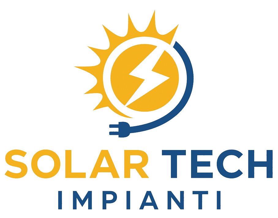 Logo per Solar Tech Impianti: sole giallo con fulmine e spina blu, con il nome in giallo e blu.