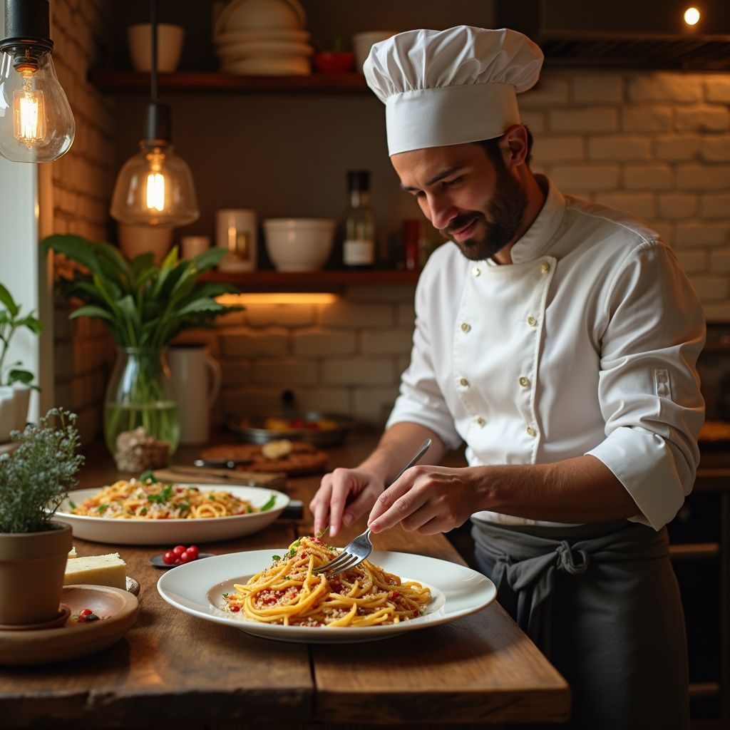 Chef che impiatta gli spaghetti con la forchetta. Bancone in legno, ambiente cucina con luci soffuse.