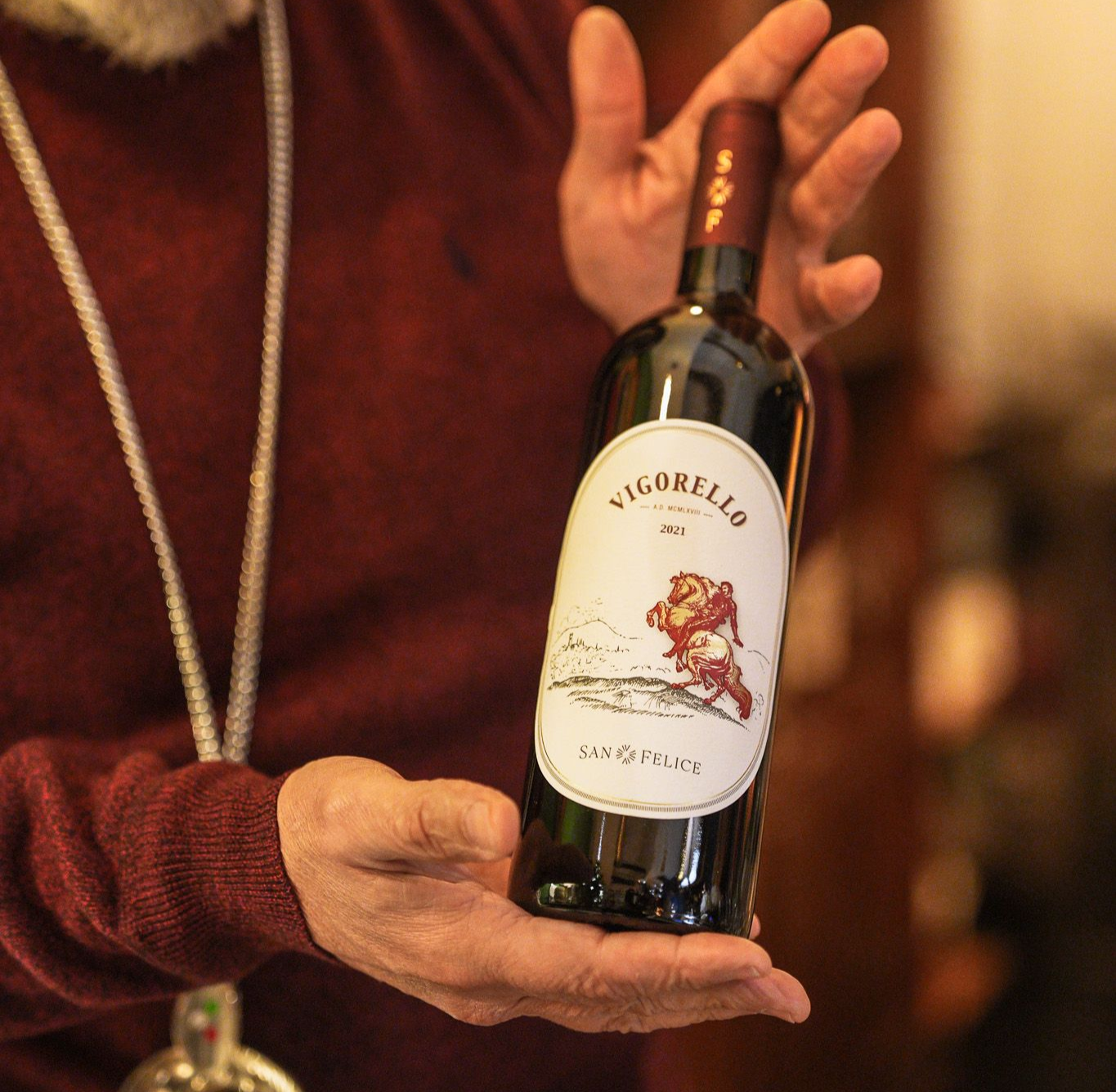 Persona che tiene in mano una bottiglia di vino Vigorello, maglione rosso, in casa.