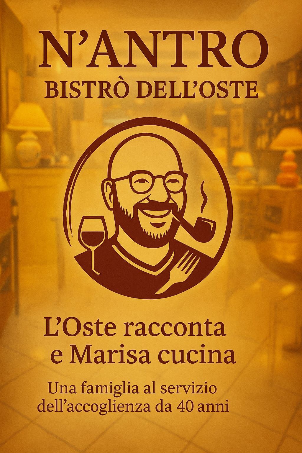 Manifesto per il bistrot N'Antro: Uomo con pipa e bicchiere di vino in cerchio,