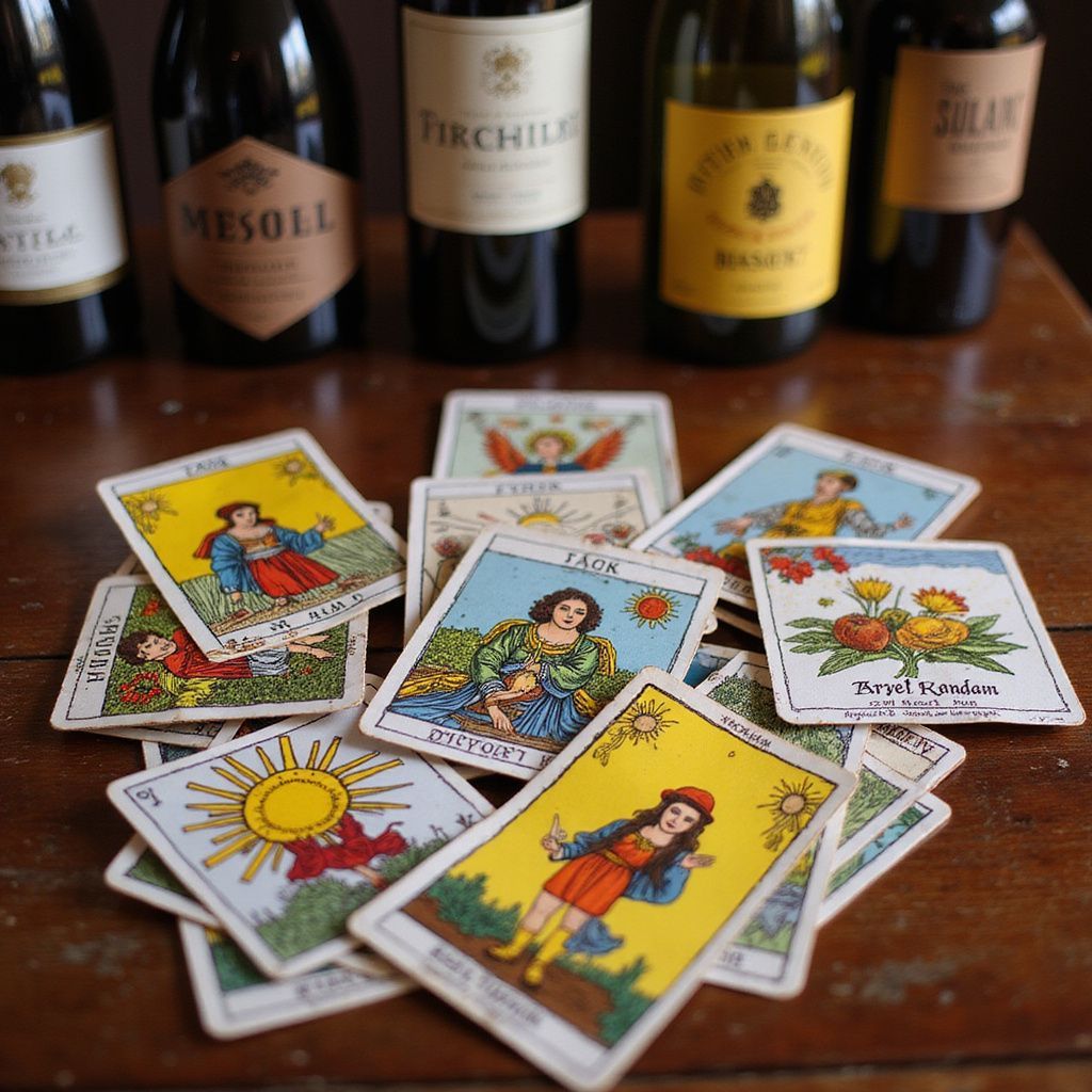 Carte dei tarocchi sparse su un tavolo di legno con bottiglie di vino sullo sfondo.