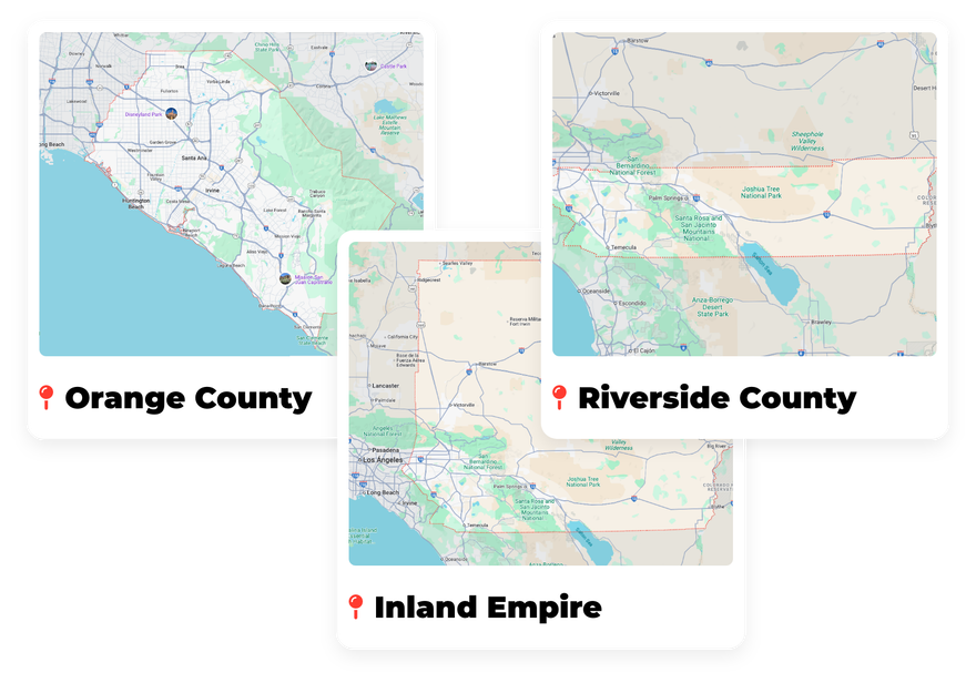 Three maps of orange county , riverside county , and inland empire.