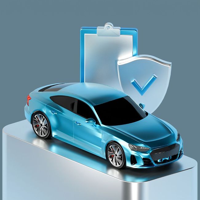 A blue car is sitting on top of a metal block next to a clipboard and shield.