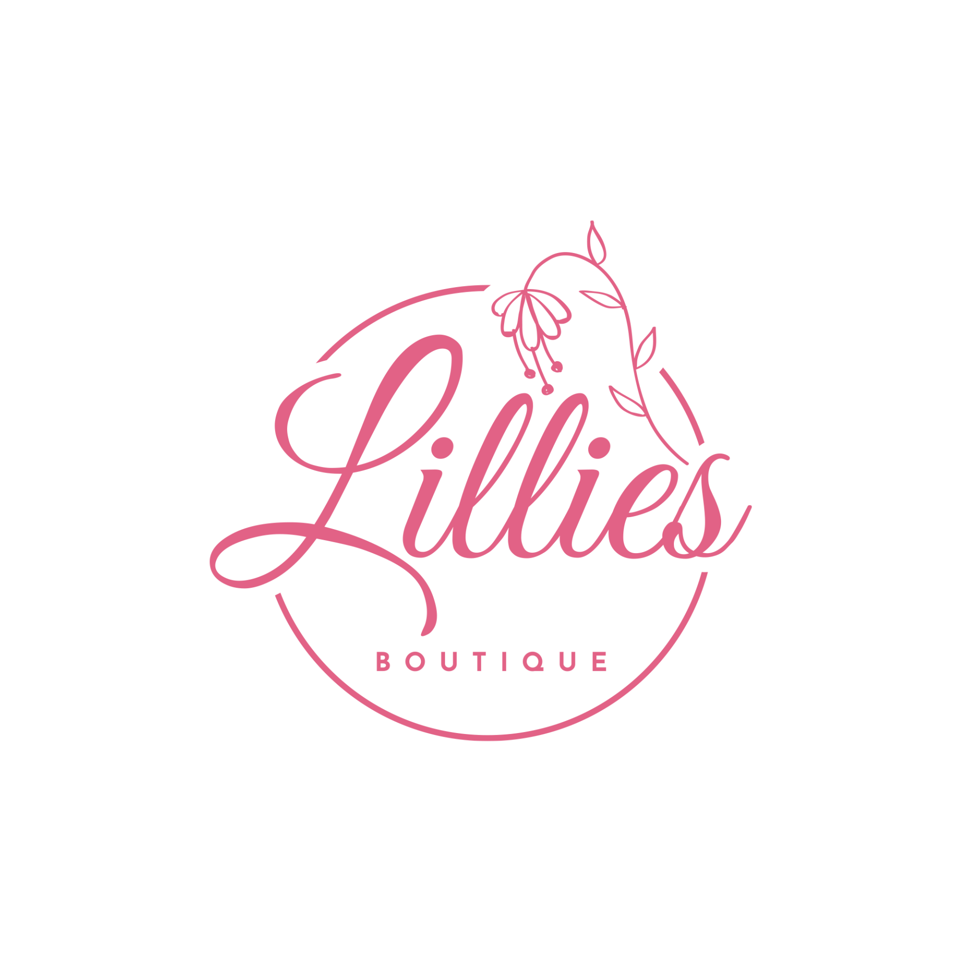 A pink logo for a boutique with flowers and leaves.
