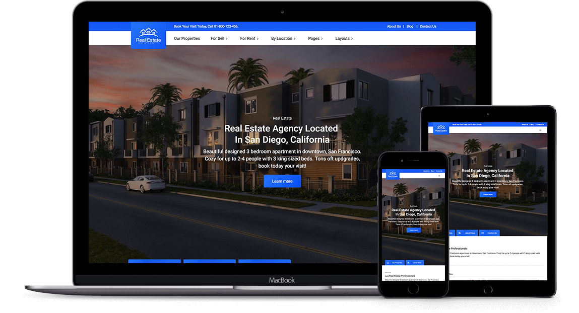A laptop , tablet , and phone are displaying a website.