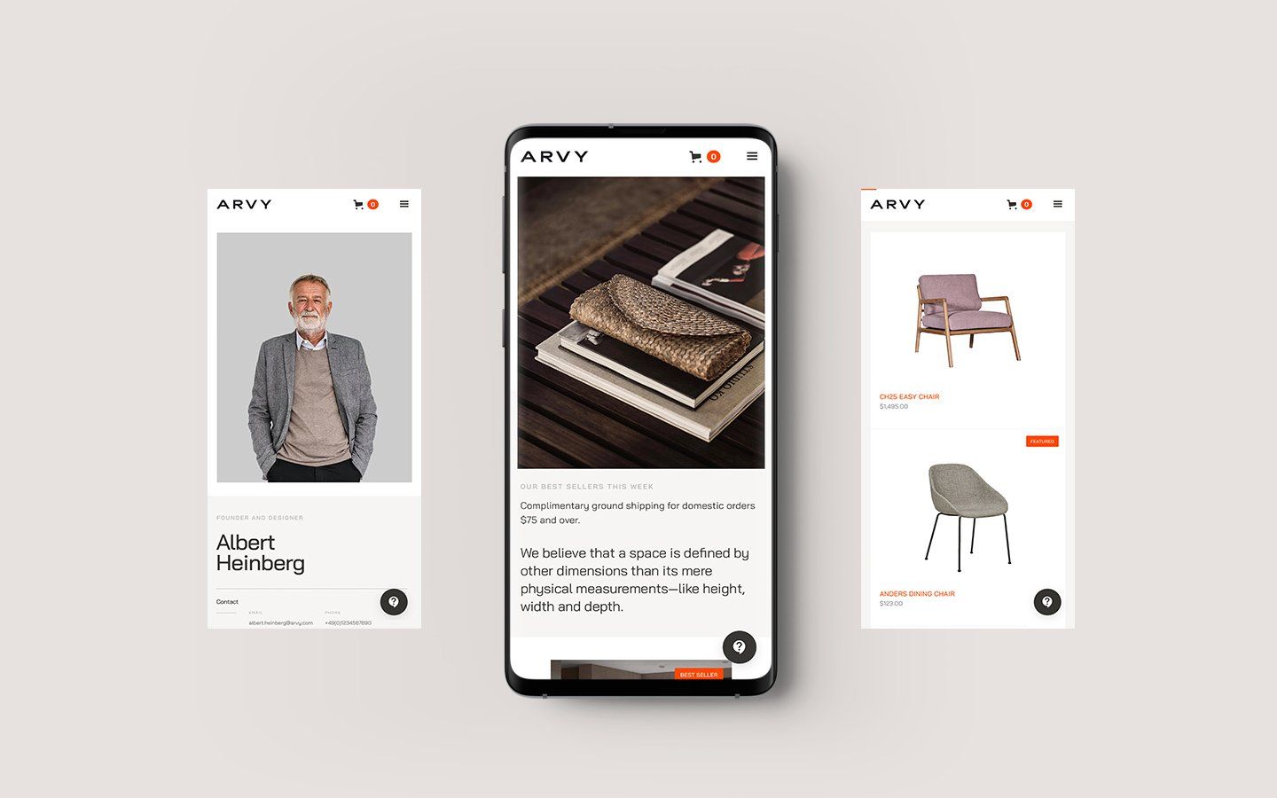 A cell phone is displaying a website for a furniture company.