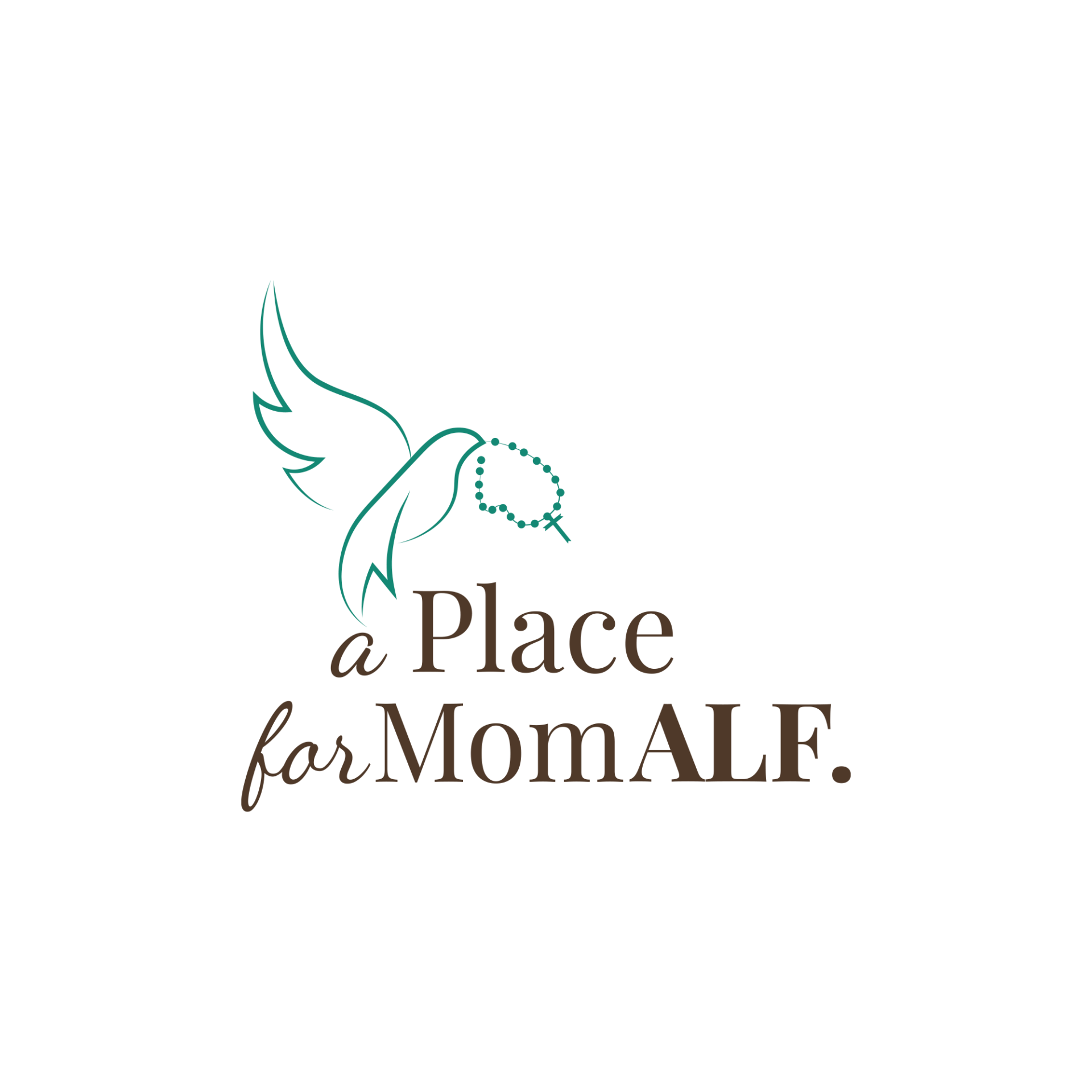 A logo for a place for mom alf with a bird holding a rosary.