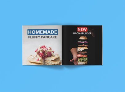 A homemade fluffy pancake and a new bacon burger are on a blue background.