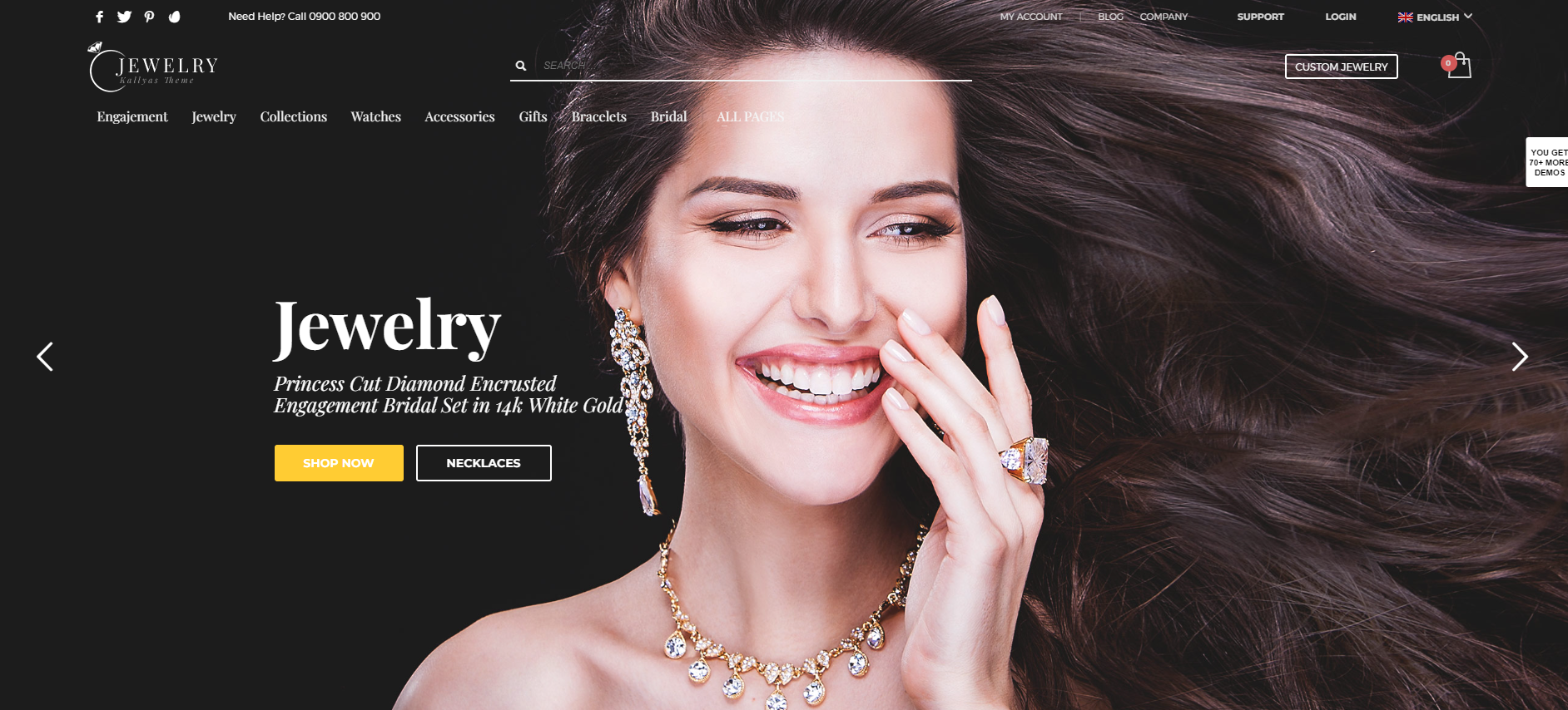 A woman wearing a necklace and earrings is smiling on a jewelry website.