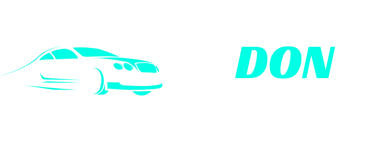 A blue car is on a white background next to the word don.