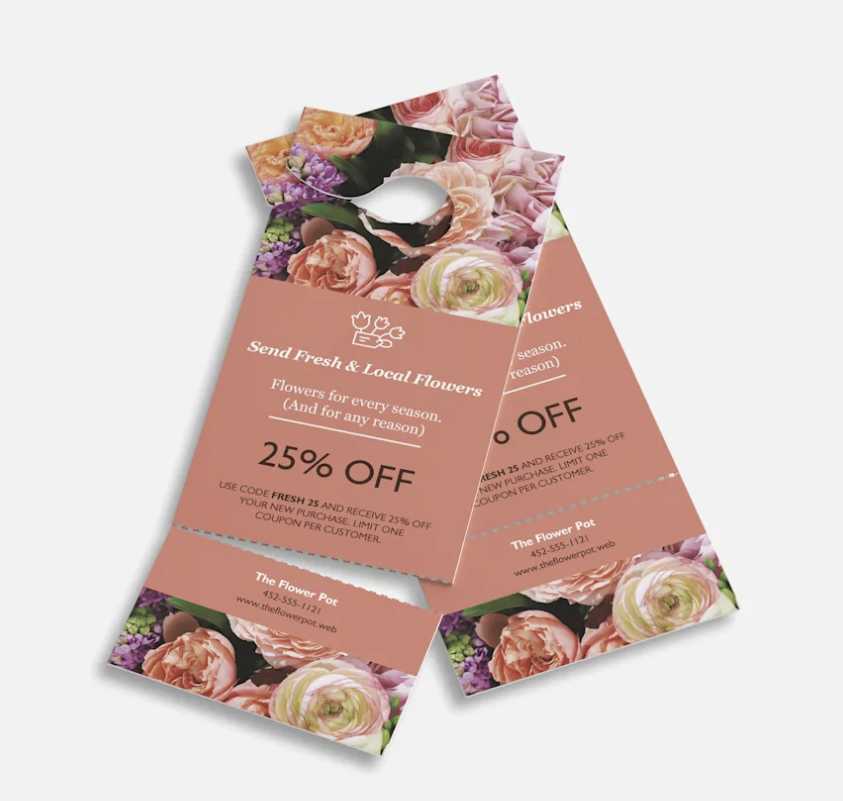 Two door hangers with flowers on them and a percentage off