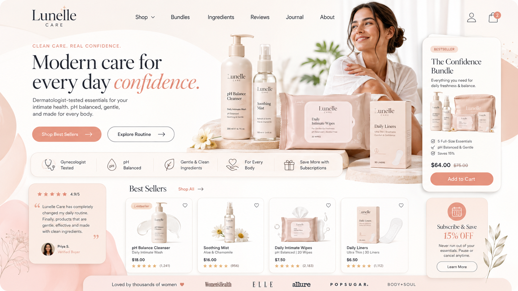 Pastel skincare website homepage with smiling model, product jars, and “Modern care for every day confidence” headline