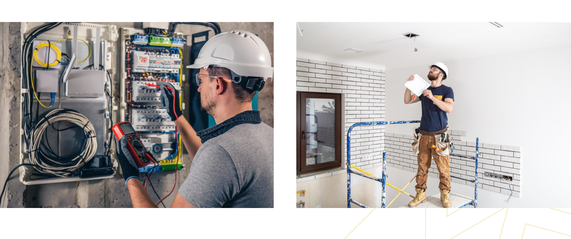 A man is working on an electrical box and a man is standing in a room.