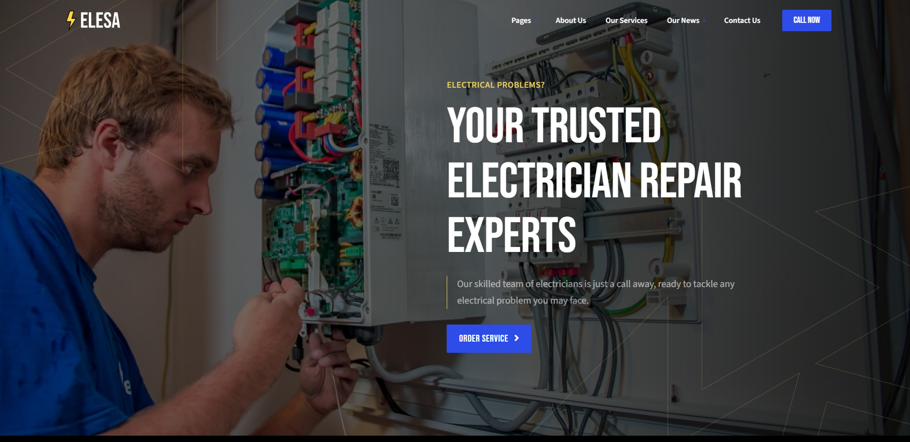 A man is working on a electrical box on a website that says `` your trusted electrician repair experts ''.