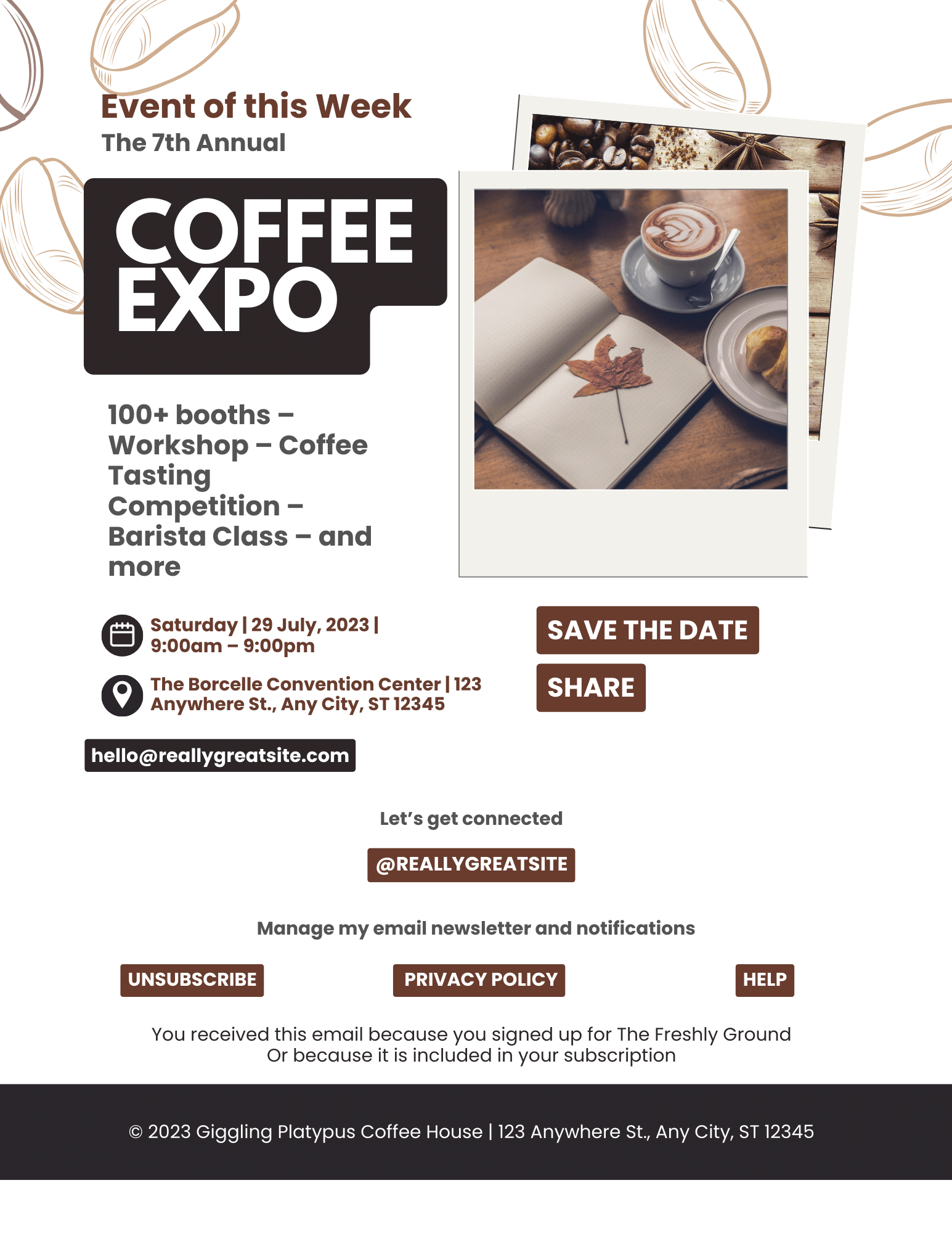 A poster for a coffee expo with a picture of a cup of coffee and a book.