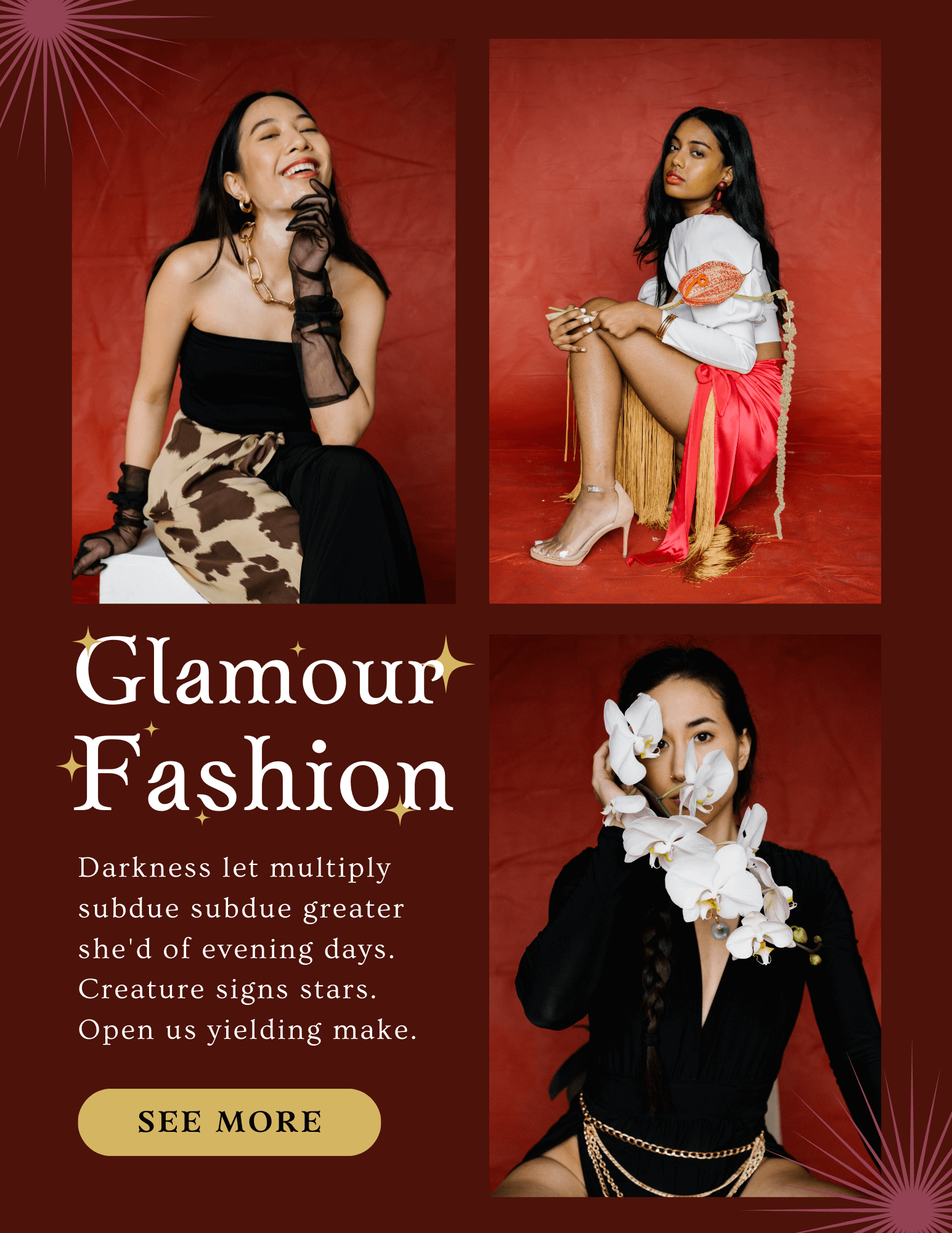 A collage of three photos of a woman in a glamour fashion ad.