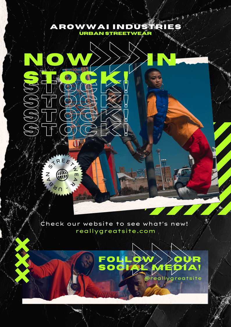 A poster that says now stock in follow our social media