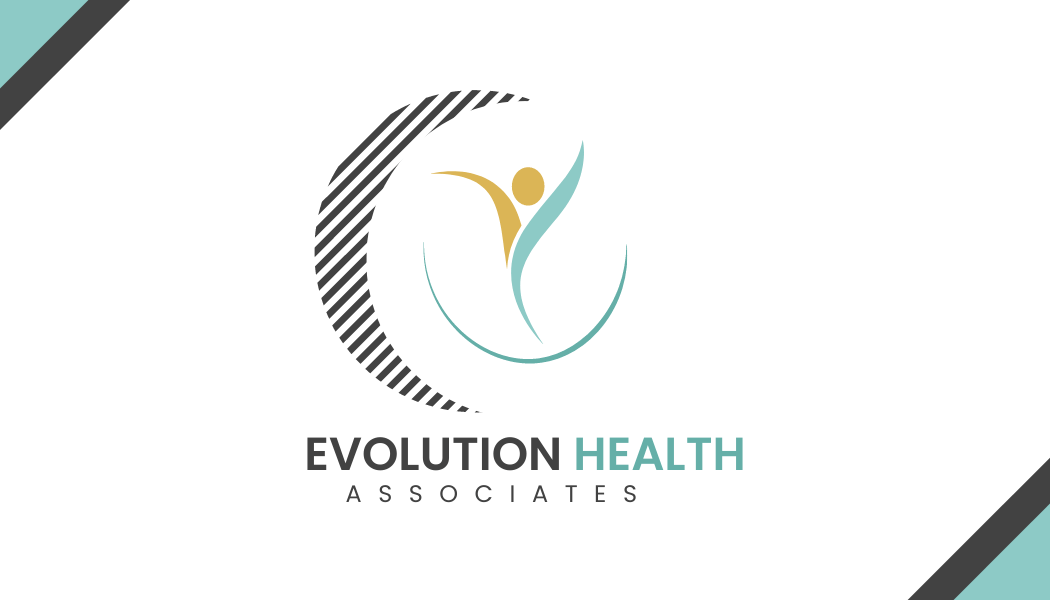 A logo for evolution health associates with a person in a crescent moon