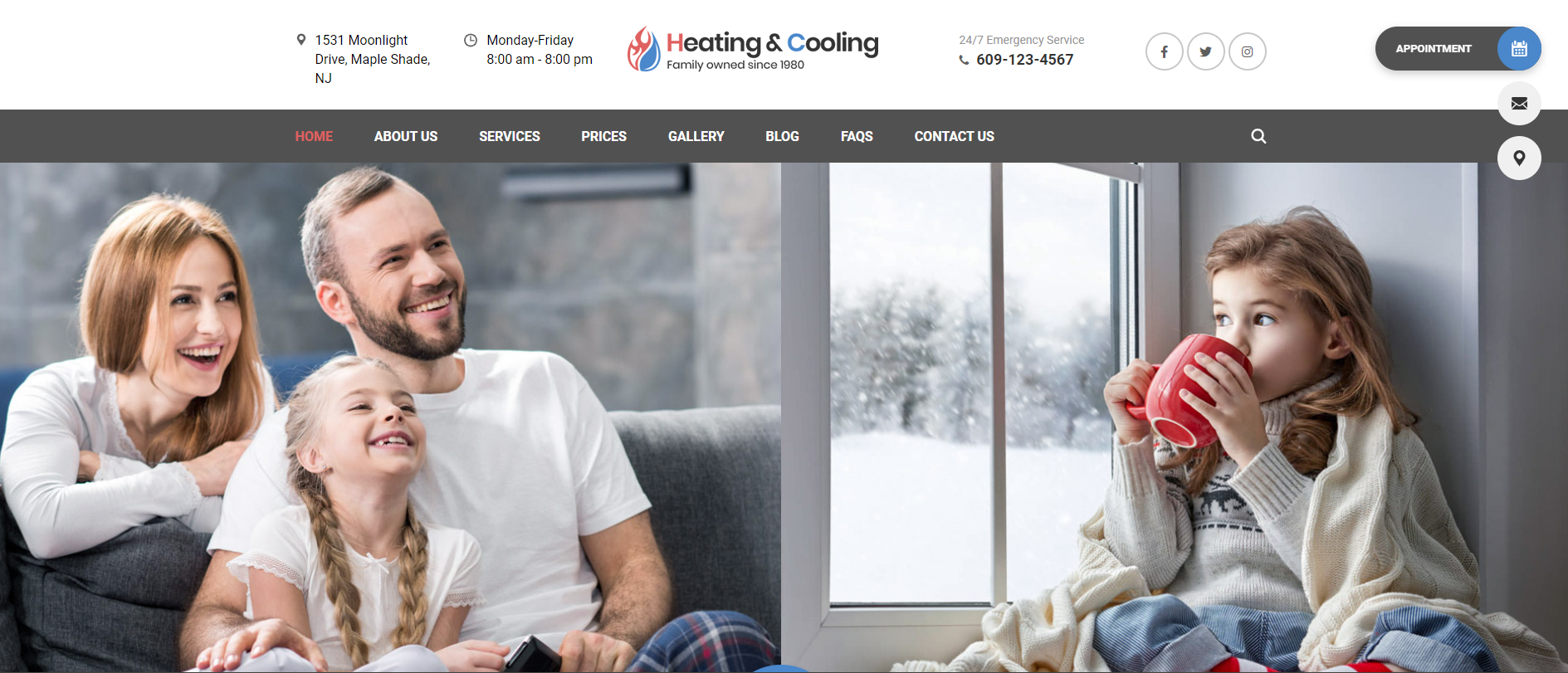 A family is sitting on a couch in front of a window.