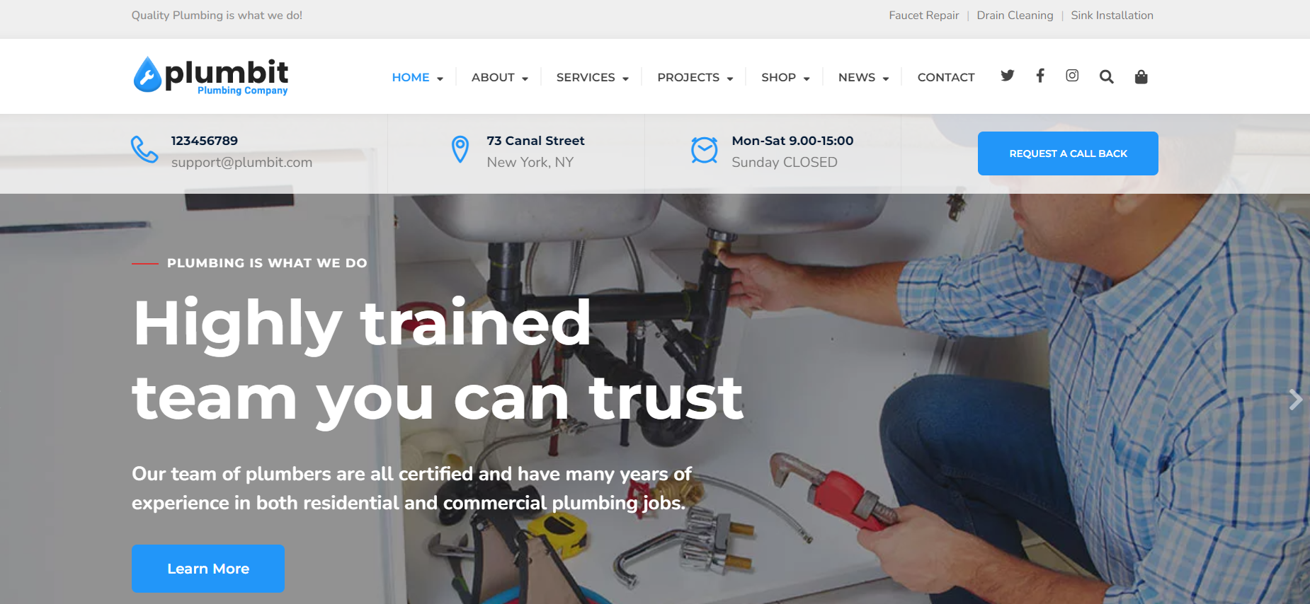 A man is fixing a sink on a website that says `` highly trained team you can trust ''.