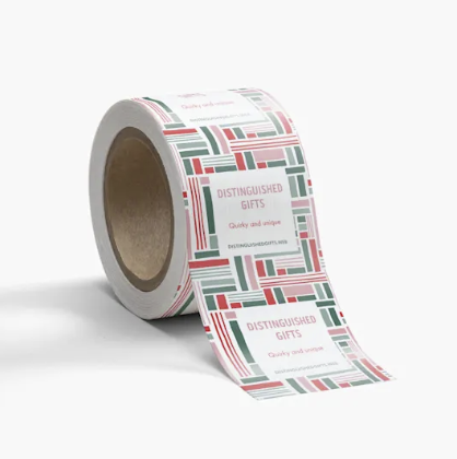 A roll of packaging tape that says distinguished gifts on it