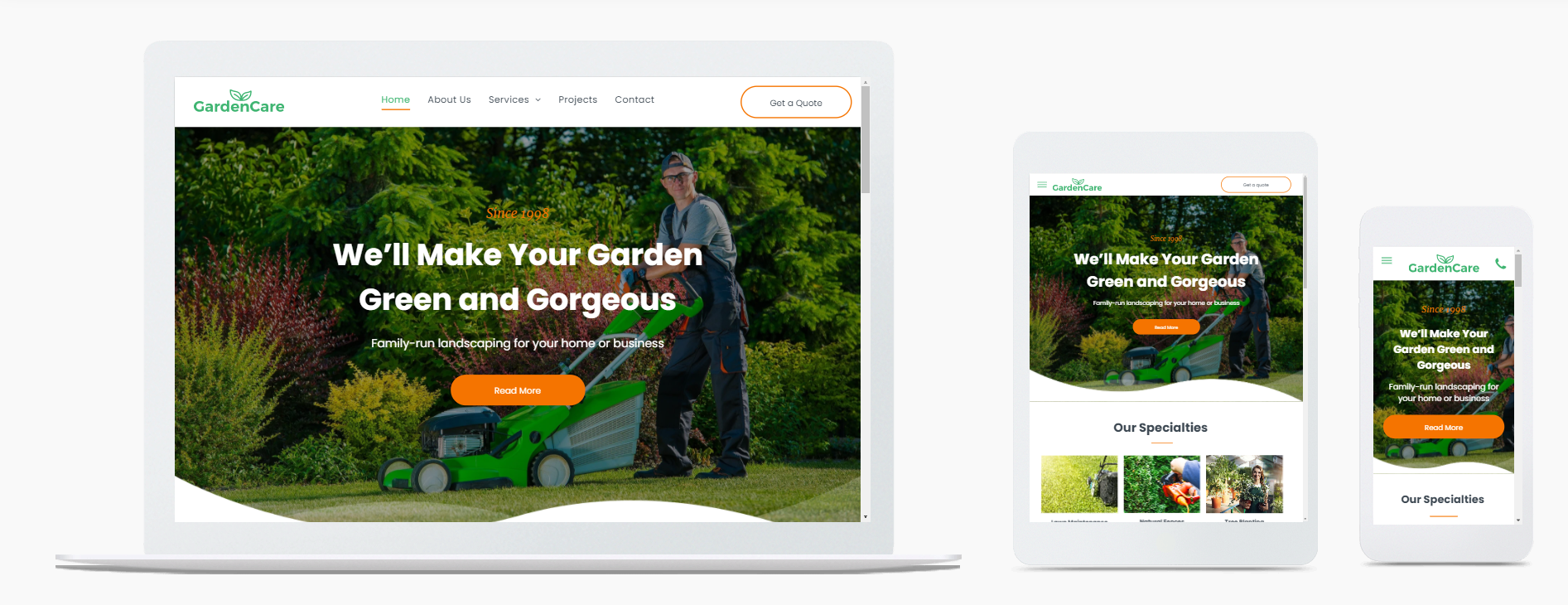 A man is using a lawn mower on a laptop , tablet , and cell phone.