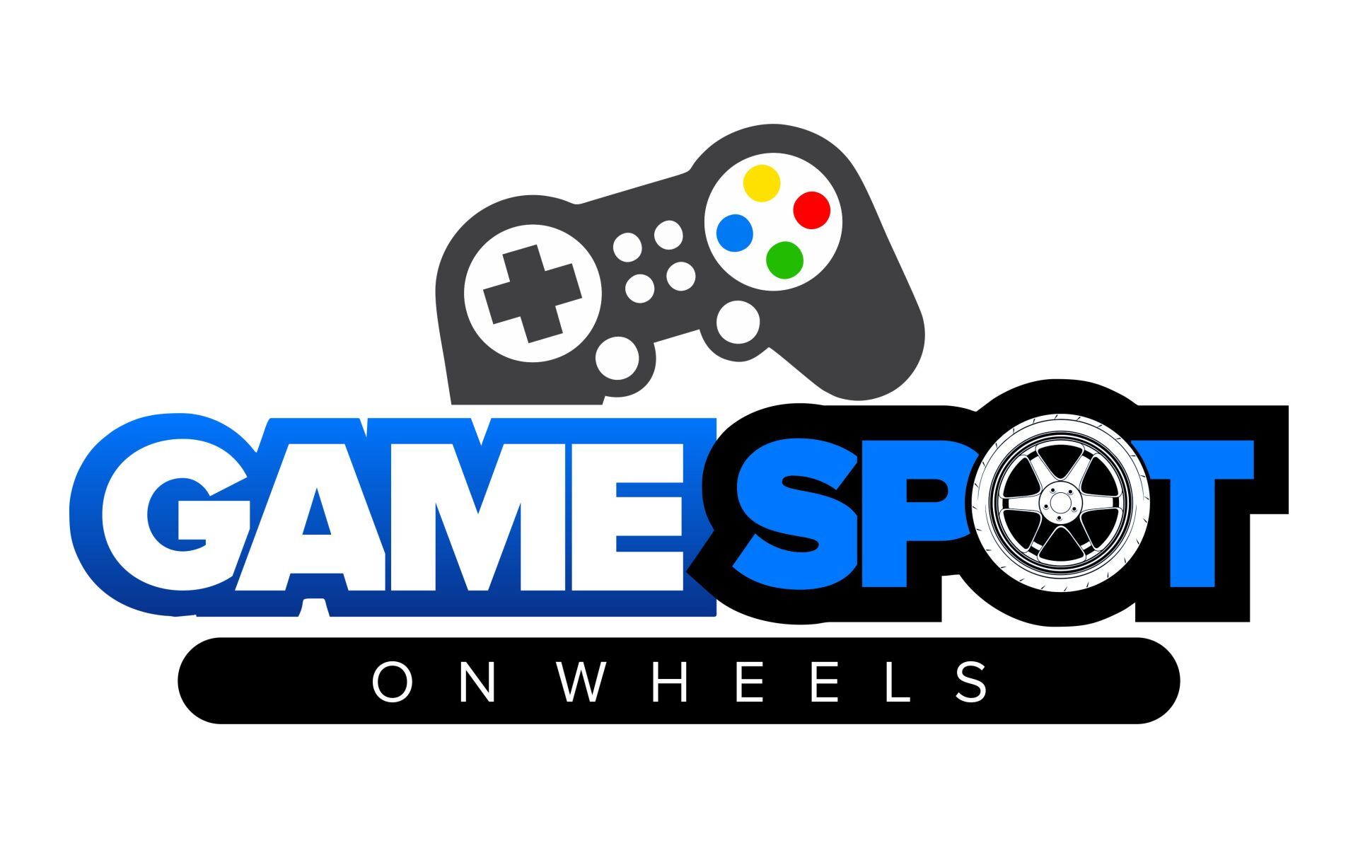 A game spot on wheels logo with a game controller on top of it.