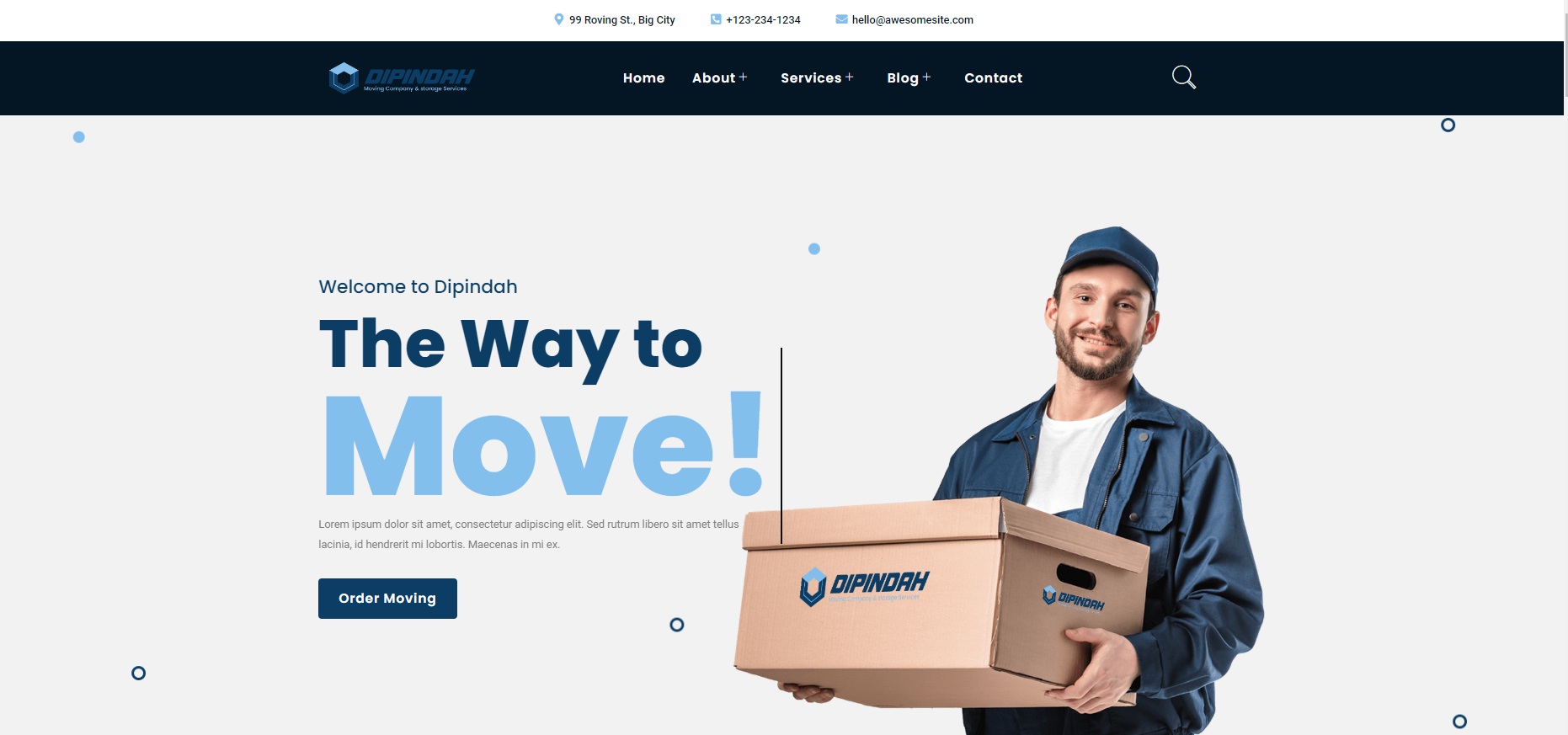 A man is holding a cardboard box on a moving company website.
