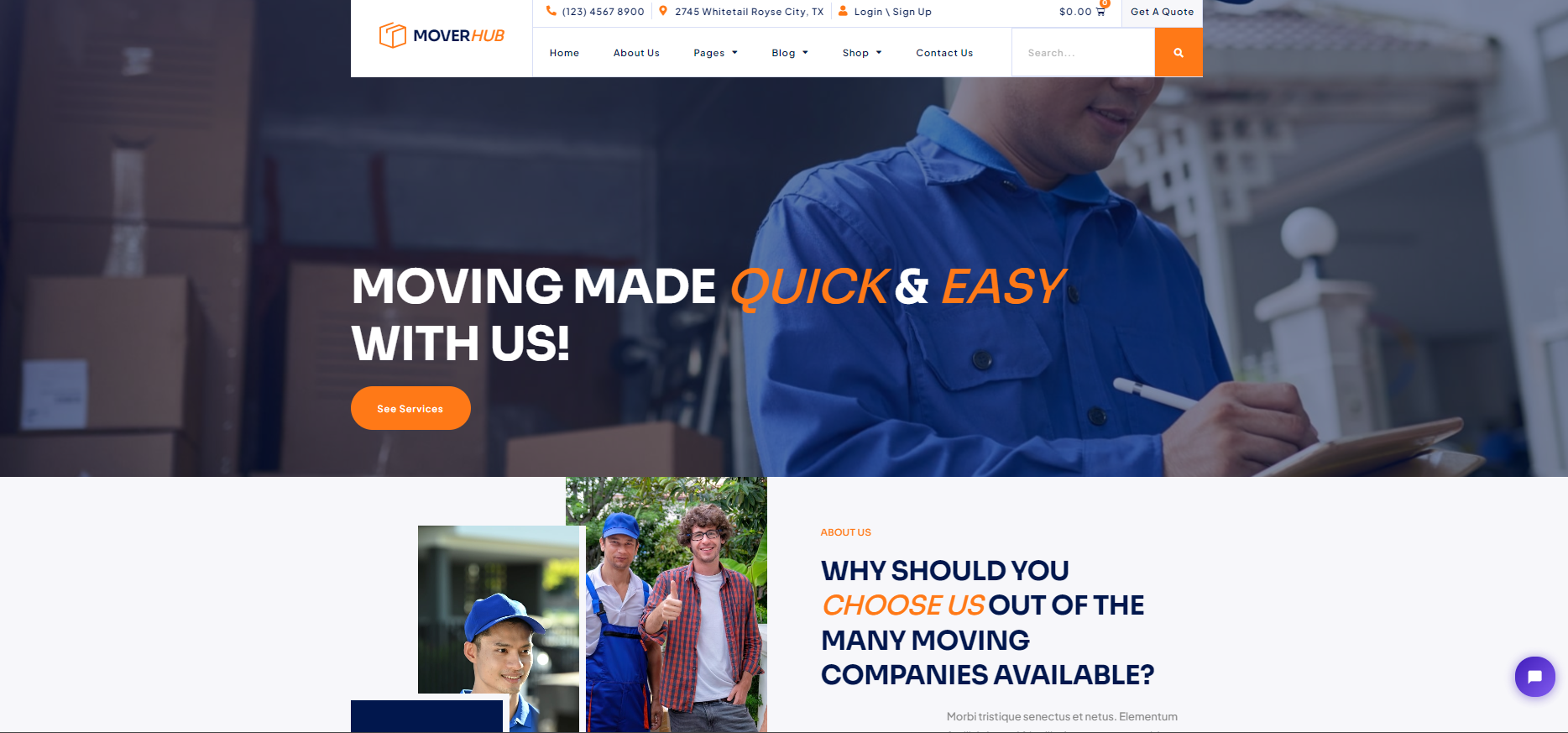 The homepage of a moving company website shows a man writing on a clipboard.