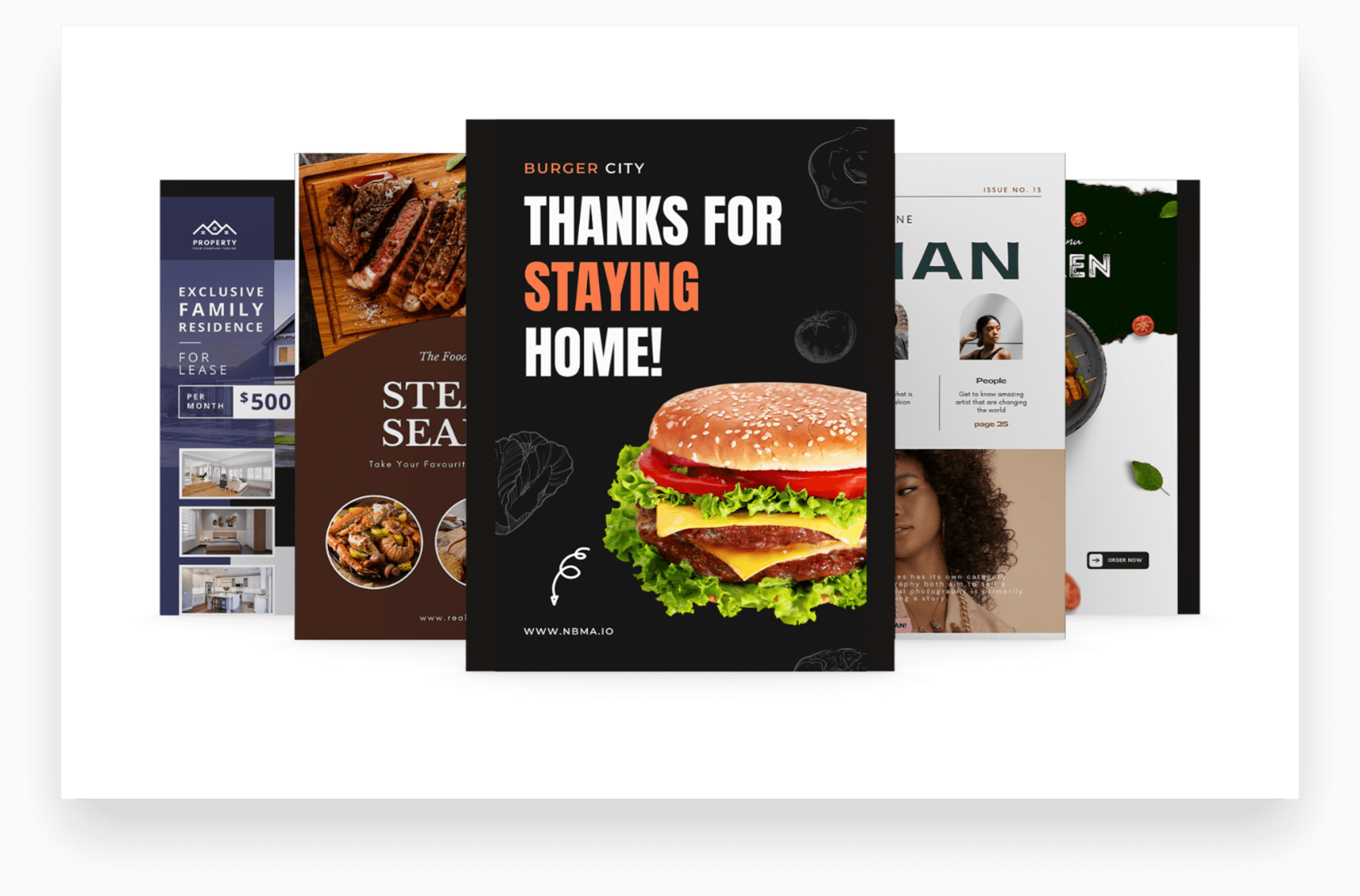 A collage of food advertisements on a white background.