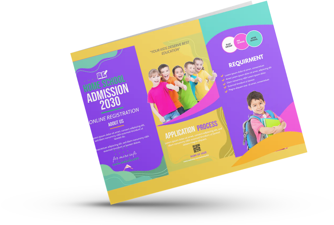 A brochure for a school with a group of children on it.