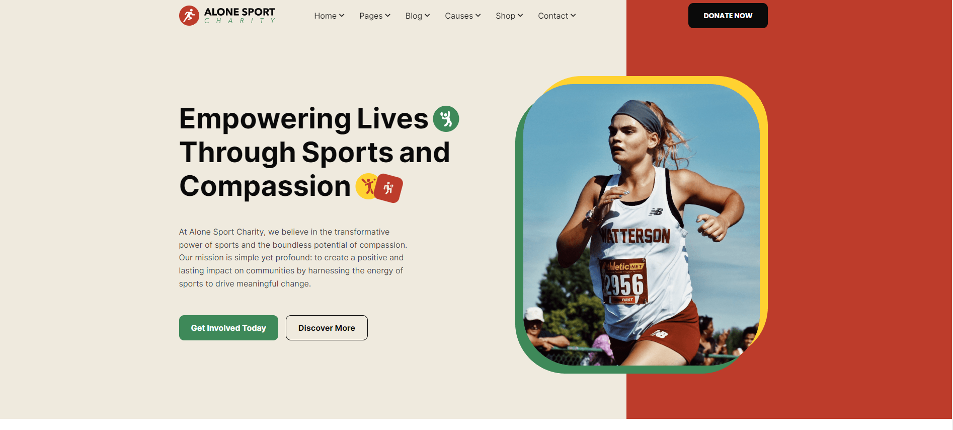 A landing page for empowering lives through sports and compassion with a picture of a woman running.