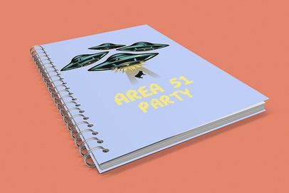 A spiral notebook with the words area 51 party written on it