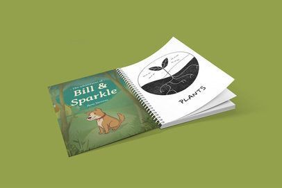 A book is open to a page with a picture of a dog and a plant on it.