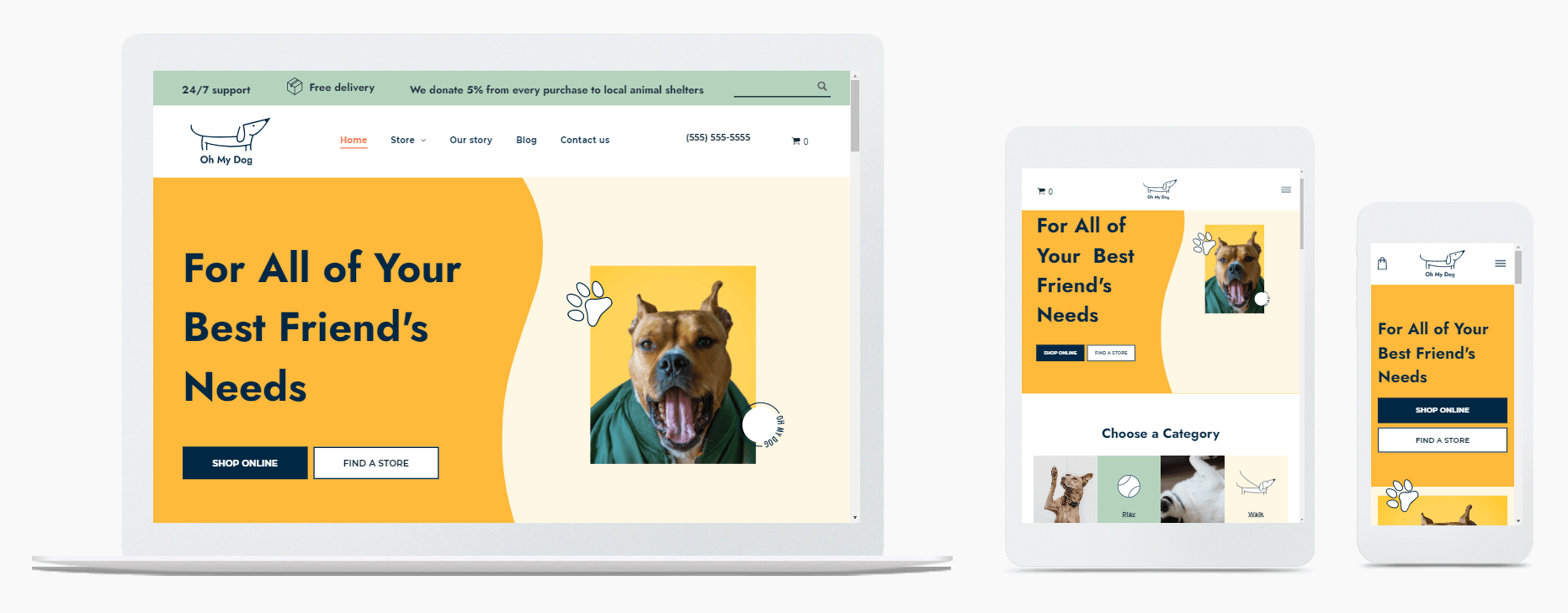 A laptop , tablet , and cell phone displaying a website for all of your best friend 's needs.