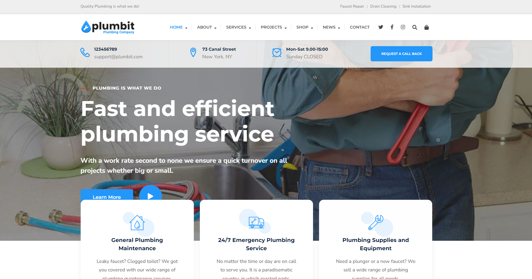 A screenshot of a website for a fast and efficient plumbing service.