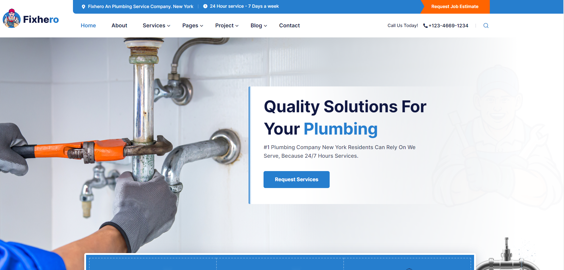 A plumber is fixing a pipe with a wrench on a website.